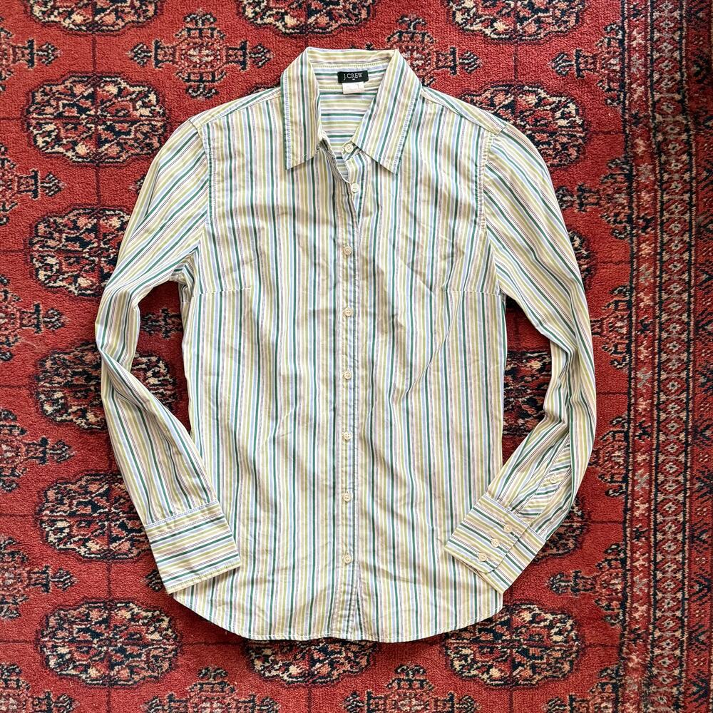 J.Crew Women's XS 100% Cotton Green Striped Button Front‎ Shirt